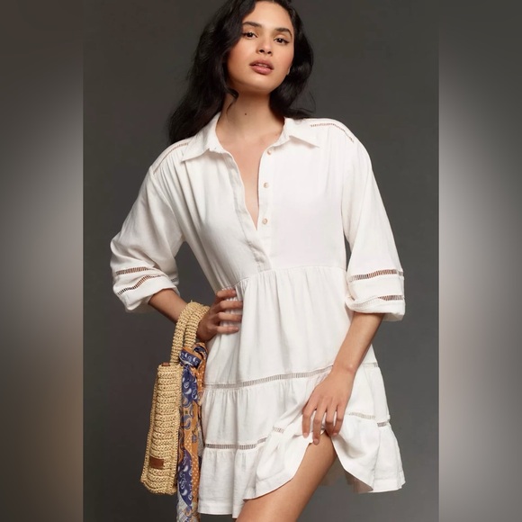 Anthropologie Maeve Bettina Collared Linen Tiered Mini Shirt Dress Ivory White M - Picture 4 of 13